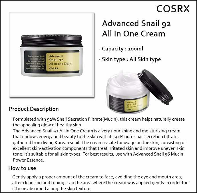 COSRX Advanced Snail 92 All in One Repair Cream | 100g Hydrating Moisturizer for All Skin Types